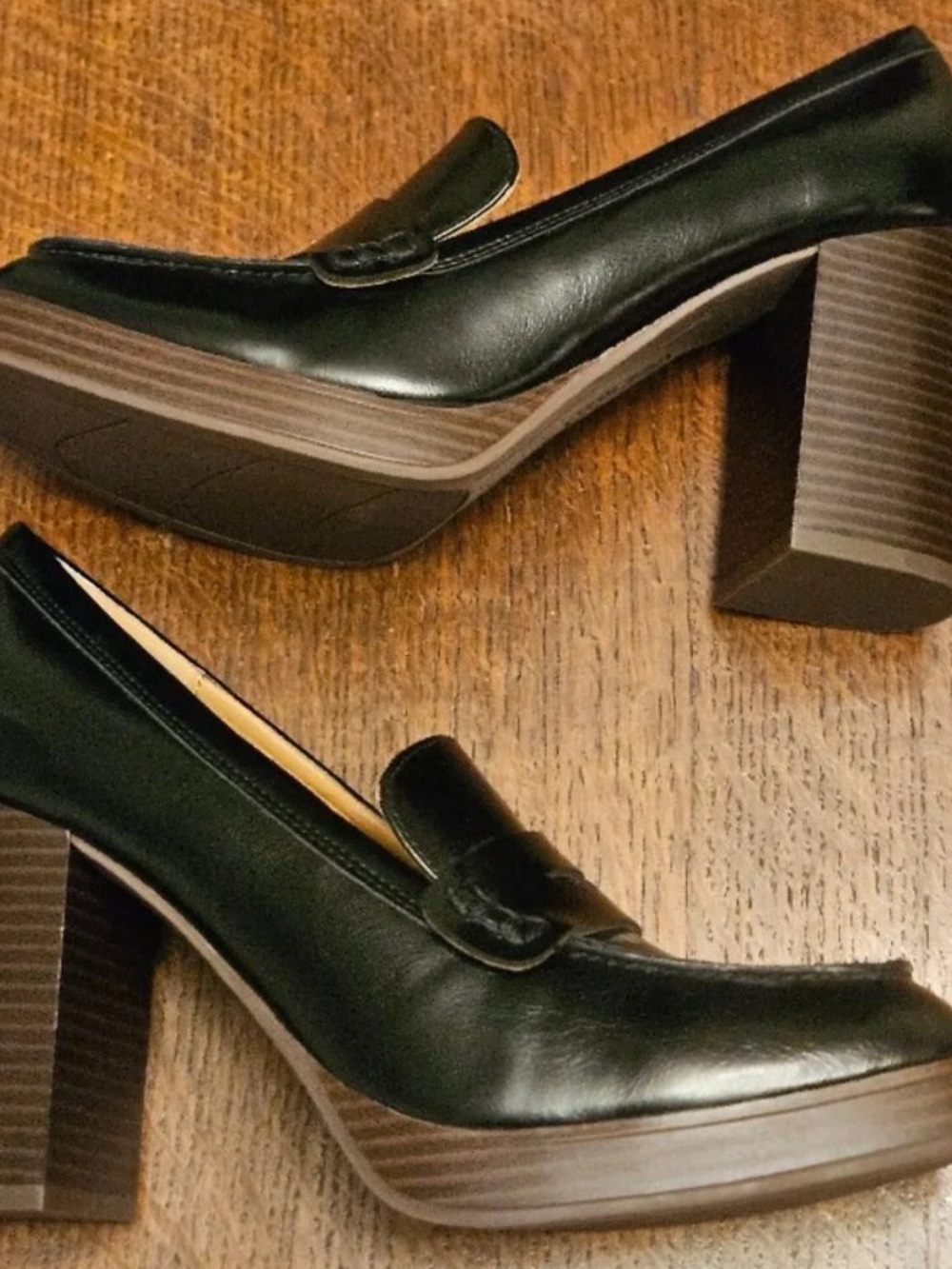 Nine West Black Leather Platform Block Heel Loafers